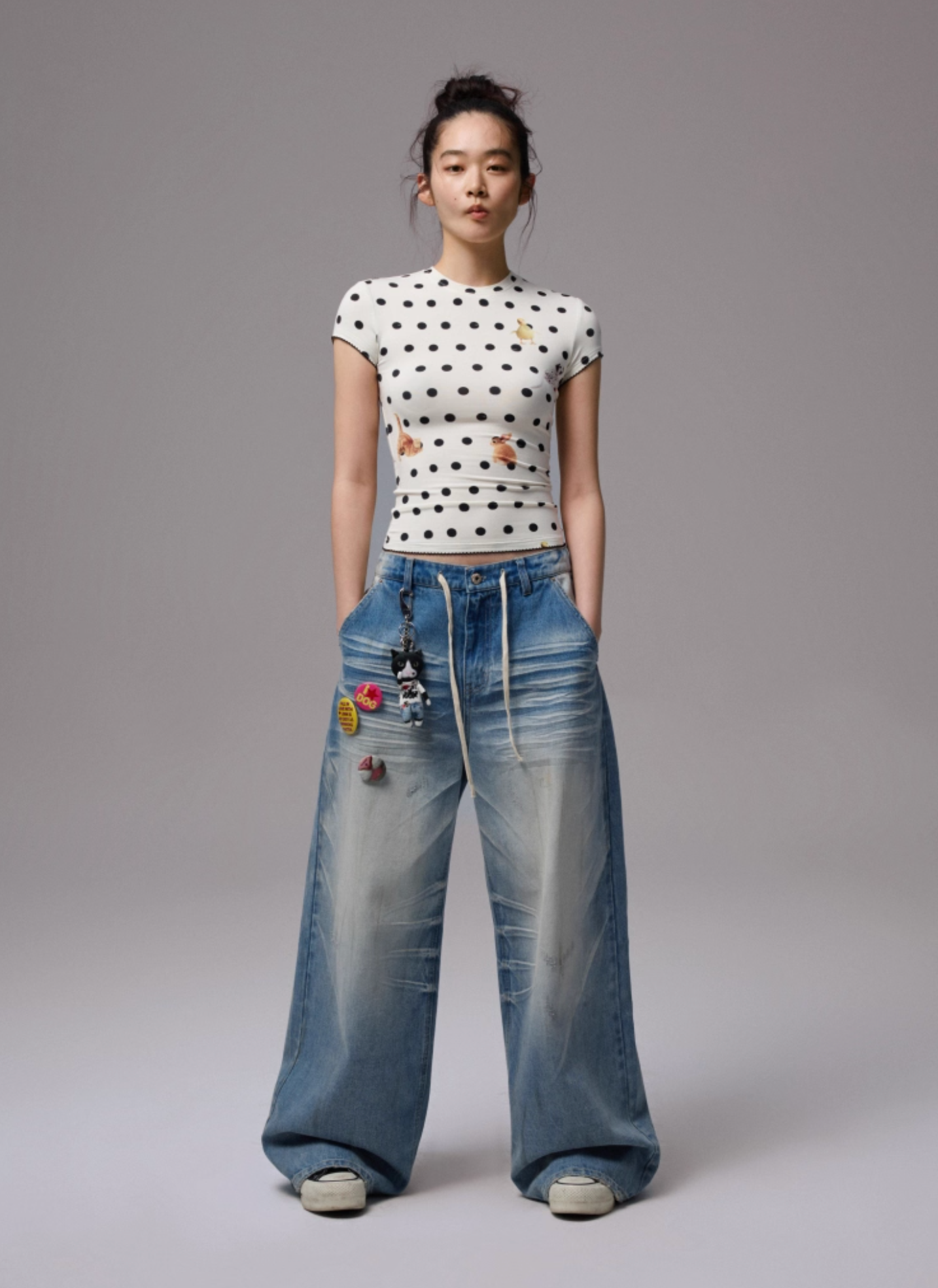 ♱ ネコ& イヌ LOVE POLKA DOTプリント Tシャツ& CAMIトップ（全2色）♱