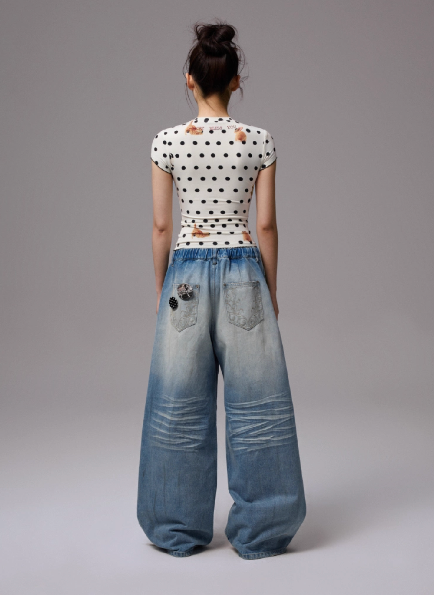 ♱ ネコ& イヌ LOVE POLKA DOTプリント Tシャツ& CAMIトップ（全2色）♱