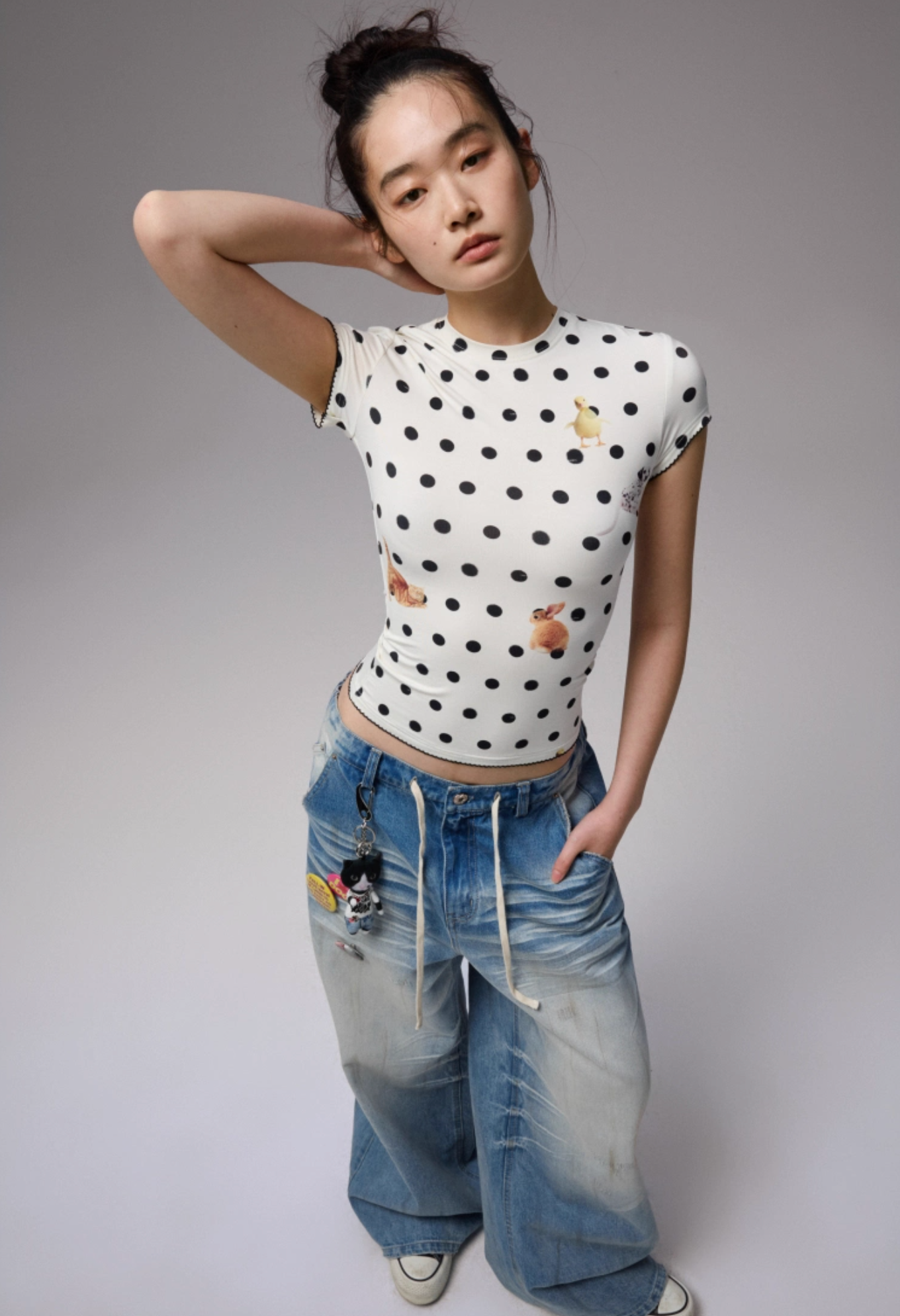 ♱ ネコ& イヌ LOVE POLKA DOTプリント Tシャツ& CAMIトップ（全2色）♱