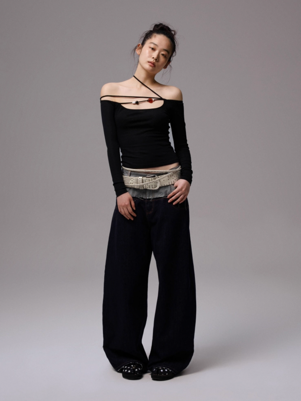 DOUBLE WAISTBAND RAW DENIM WIDE-LEG JEANS