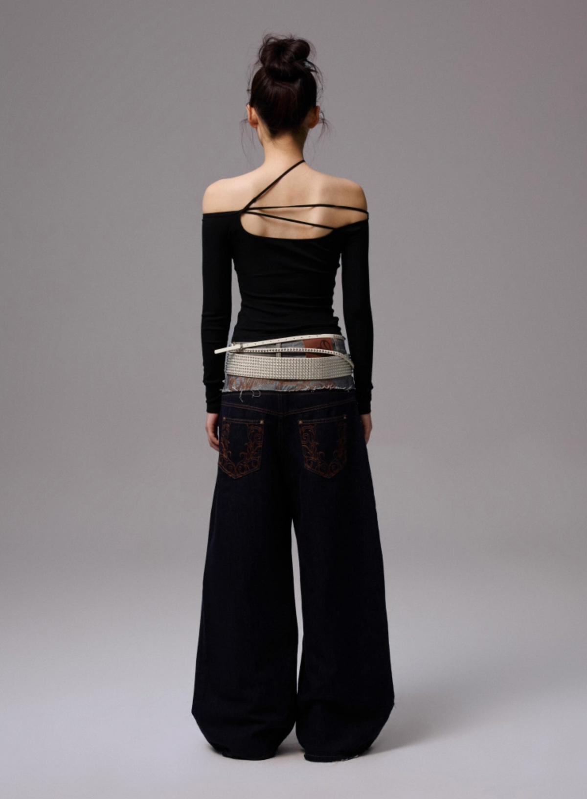 DOUBLE WAISTBAND RAW DENIM WIDE-LEG JEANS