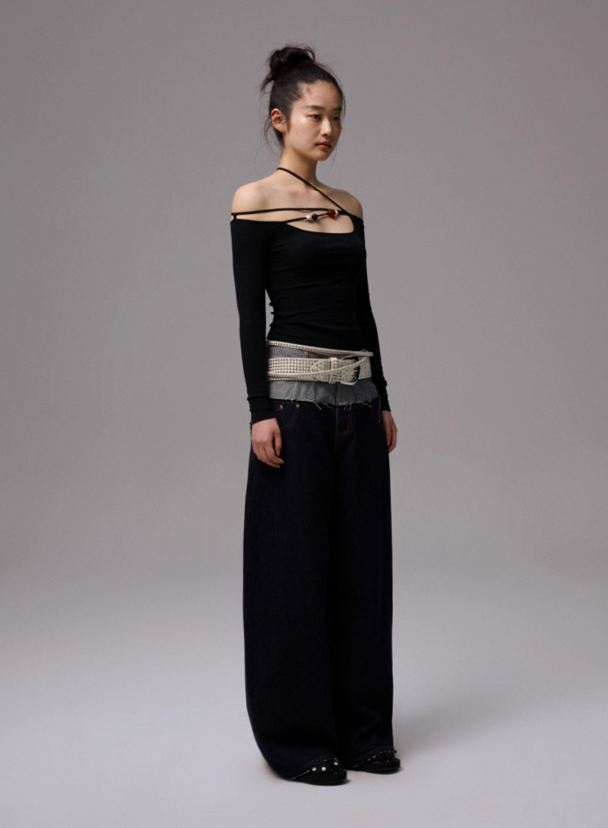 DOUBLE WAISTBAND RAW DENIM WIDE-LEG JEANS