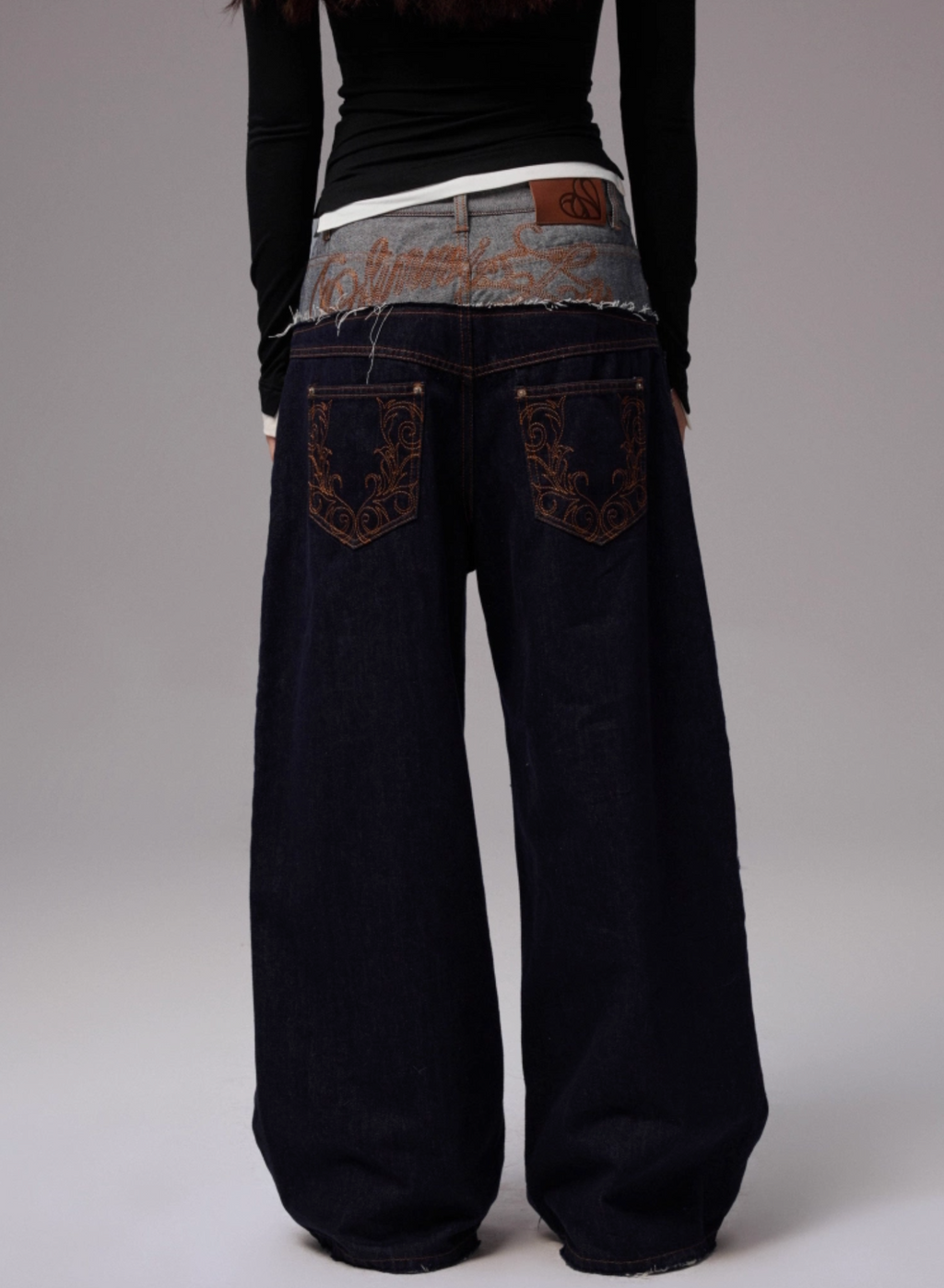 DOUBLE WAISTBAND RAW DENIM WIDE-LEG JEANS