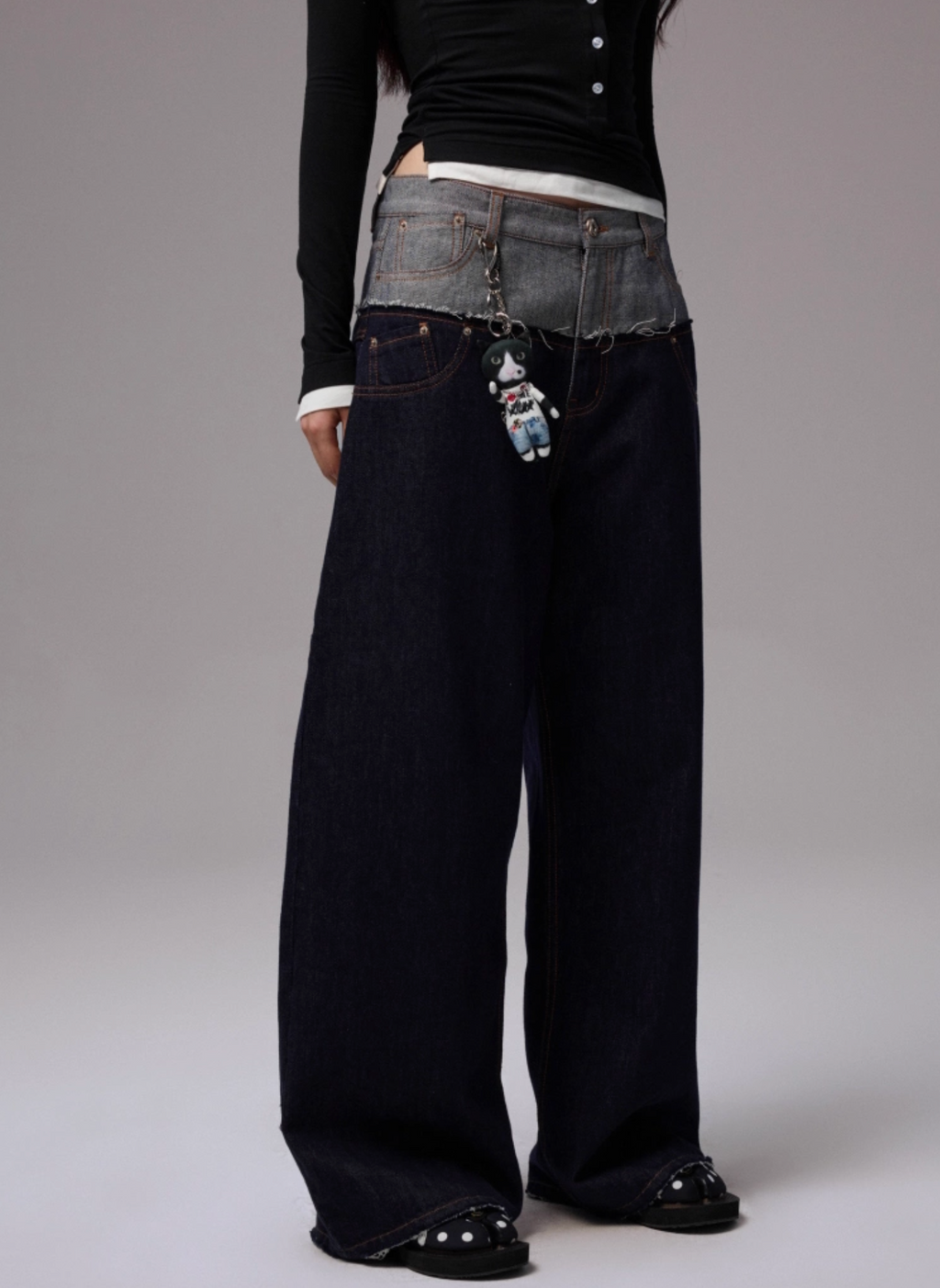 DOUBLE WAISTBAND RAW DENIM WIDE-LEG JEANS