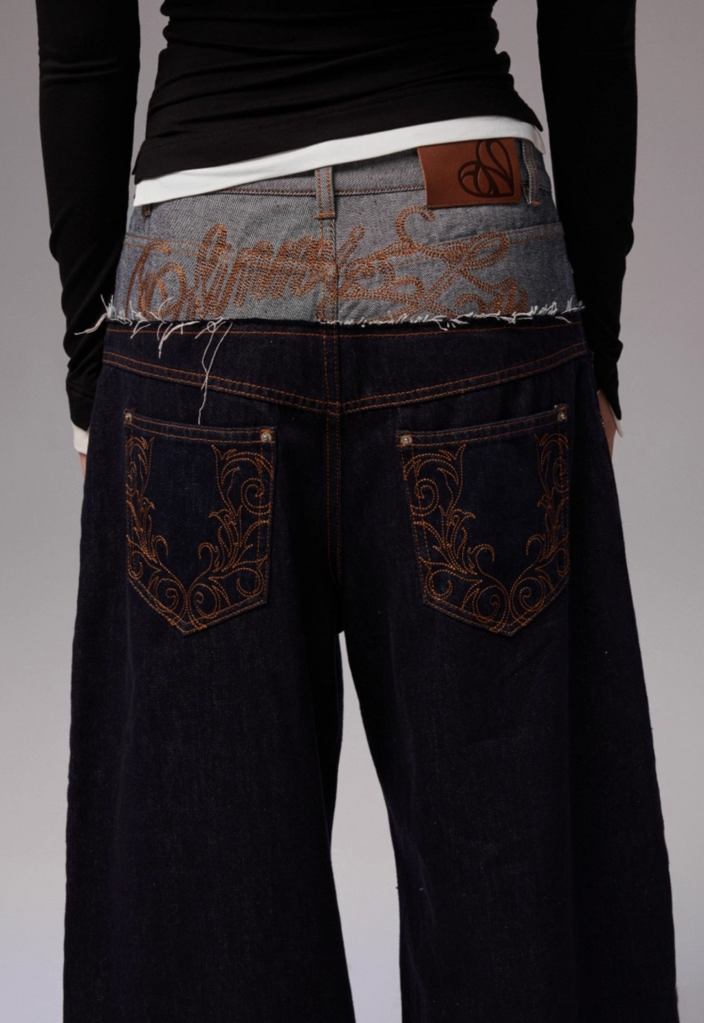 DOUBLE WAISTBAND RAW DENIM WIDE-LEG JEANS