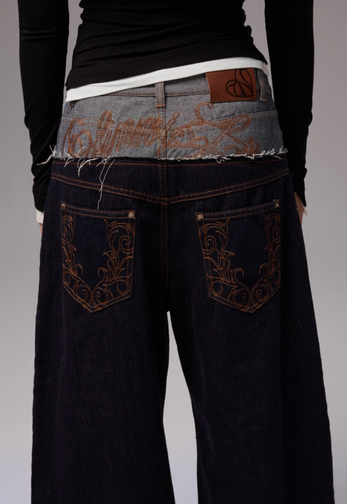 DOUBLE WAISTBAND RAW DENIM WIDE-LEG JEANS