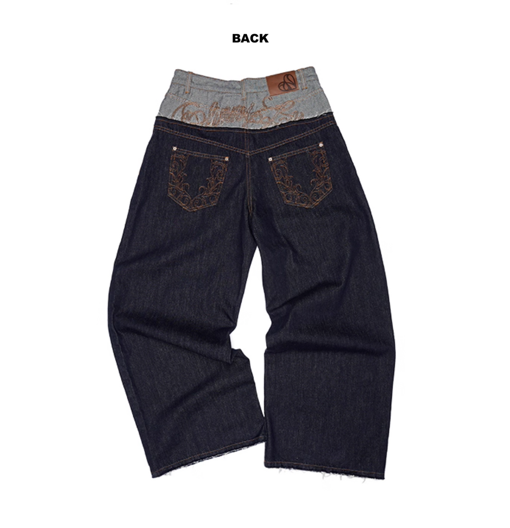 DOUBLE WAISTBAND RAW DENIM WIDE-LEG JEANS