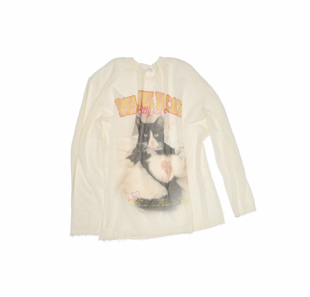 MOTORCYCLE BLACK CAT PRINT KNITTED T-SHIRT