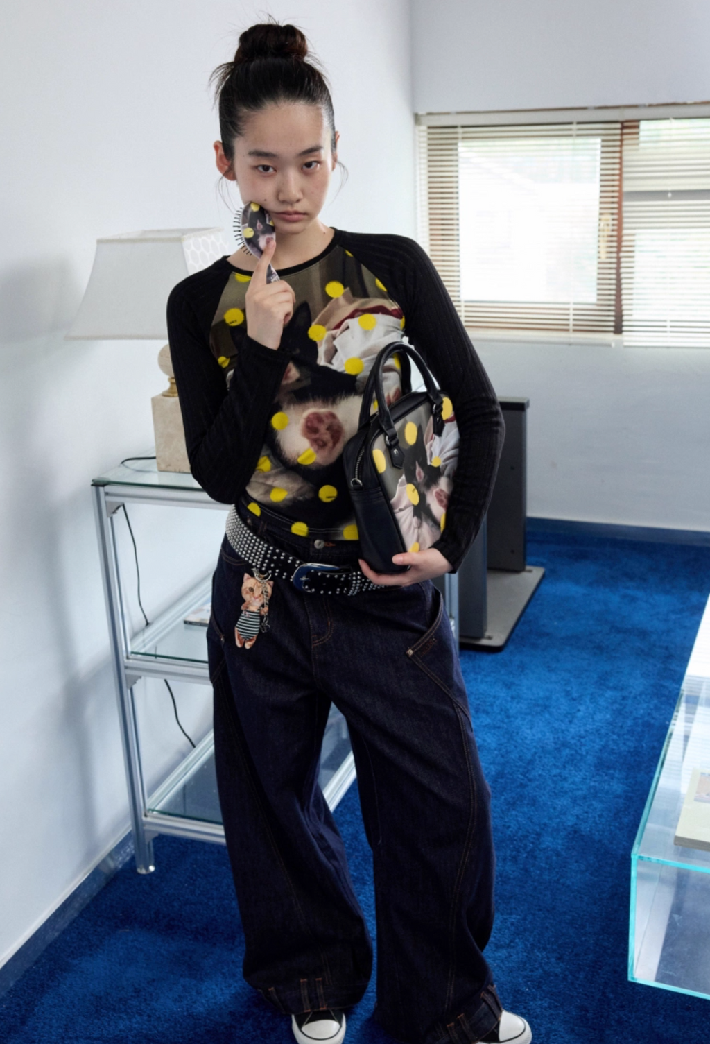 ♱ POLKA DOTブラックキャット柄 Tシャツ ♱