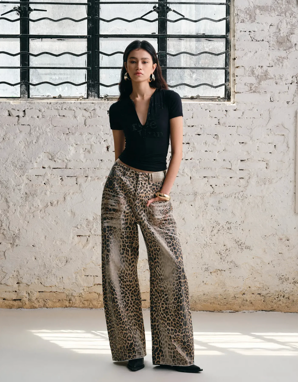 CHU WASHED LEOPARD WIDE-LEG JEANS