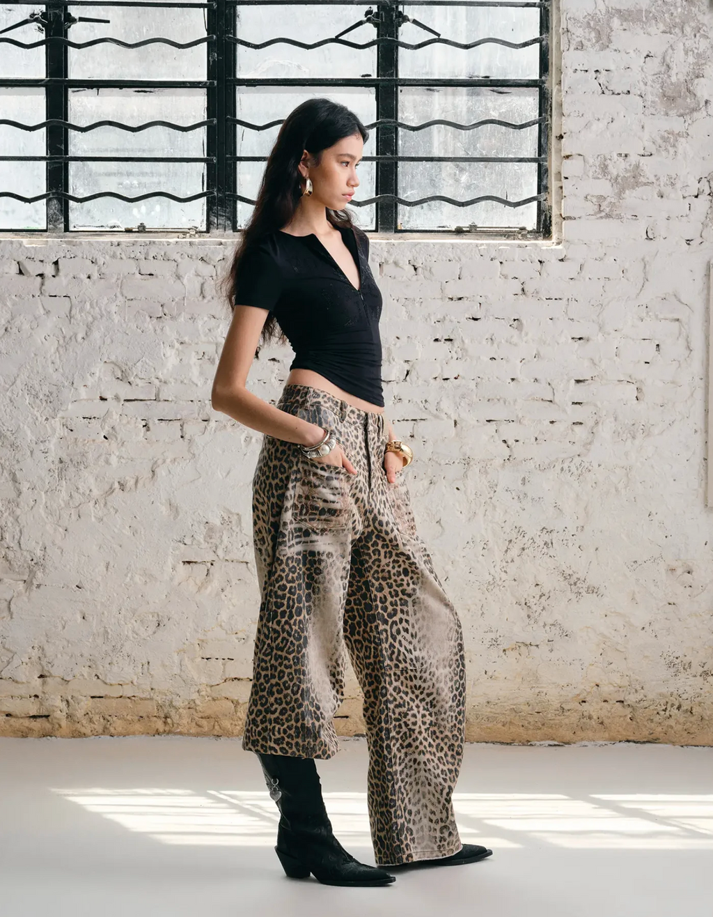 CHU WASHED LEOPARD WIDE-LEG JEANS