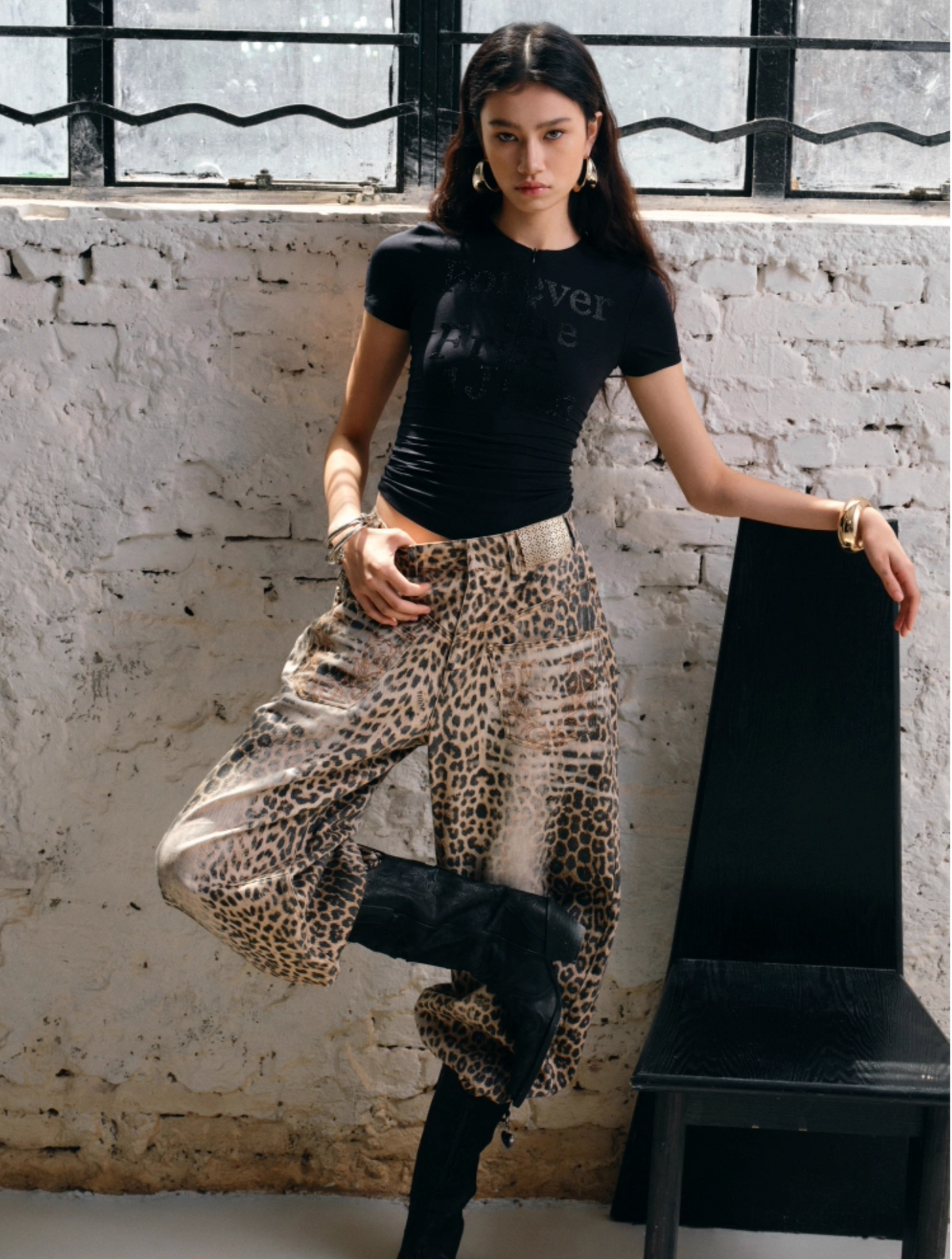 CHU WASHED LEOPARD WIDE-LEG JEANS