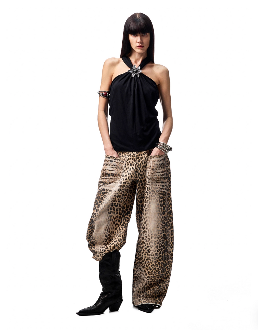 CHU WASHED LEOPARD WIDE-LEG JEANS