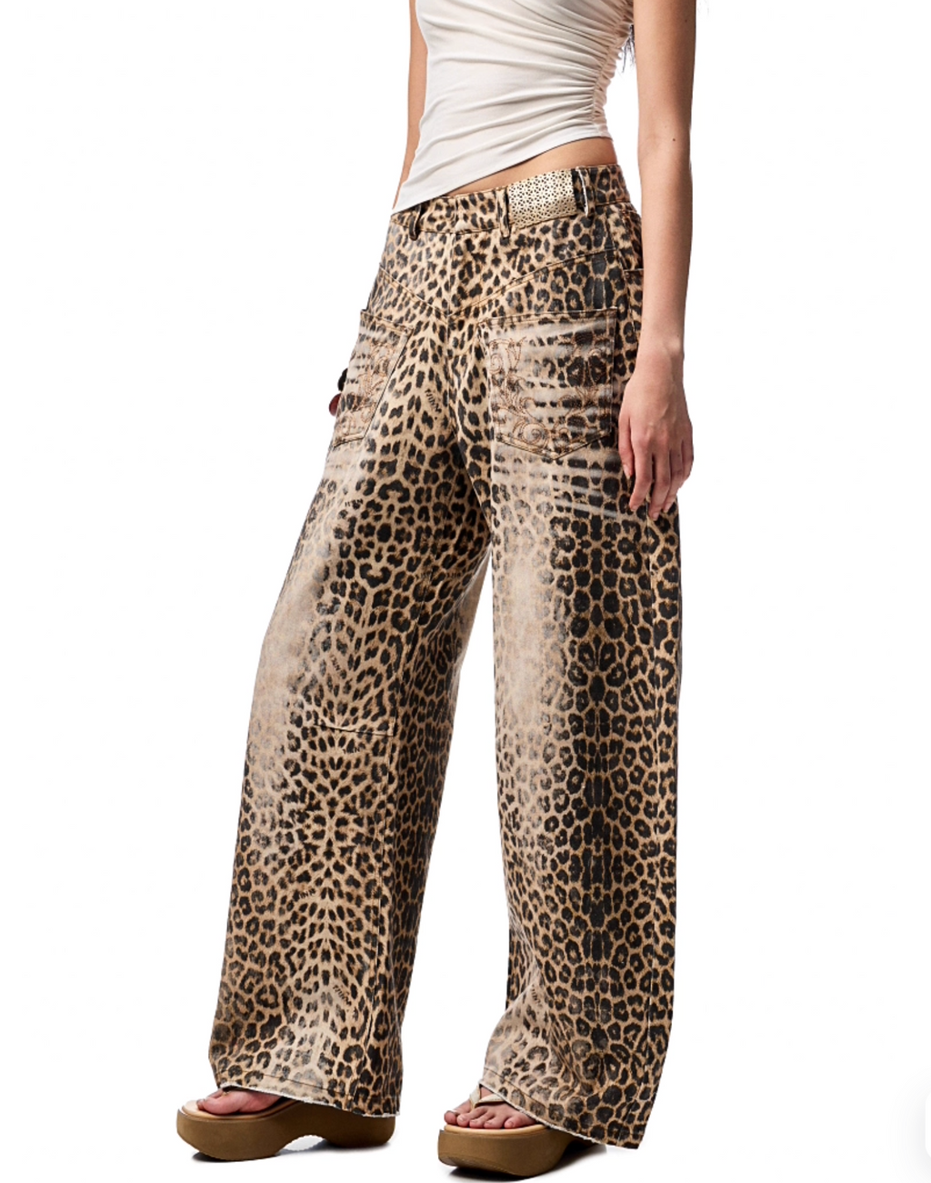 CHU WASHED LEOPARD WIDE-LEG JEANS