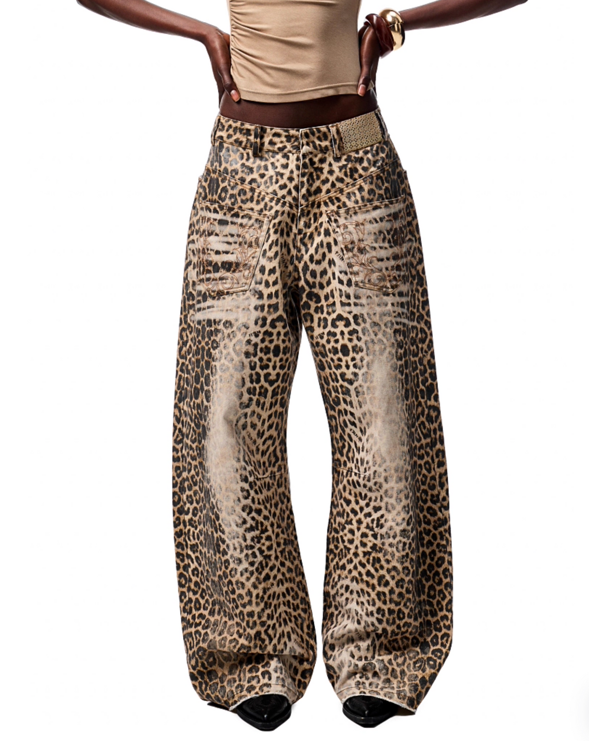 CHU WASHED LEOPARD WIDE-LEG JEANS