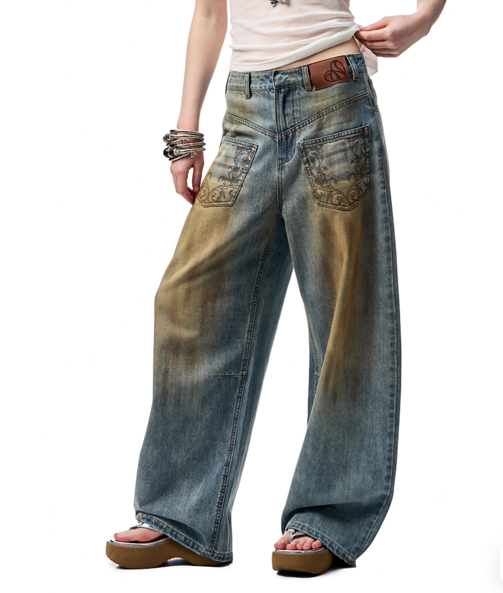 CHU MUD-DYED WASHED WIDE-LEG JEANS