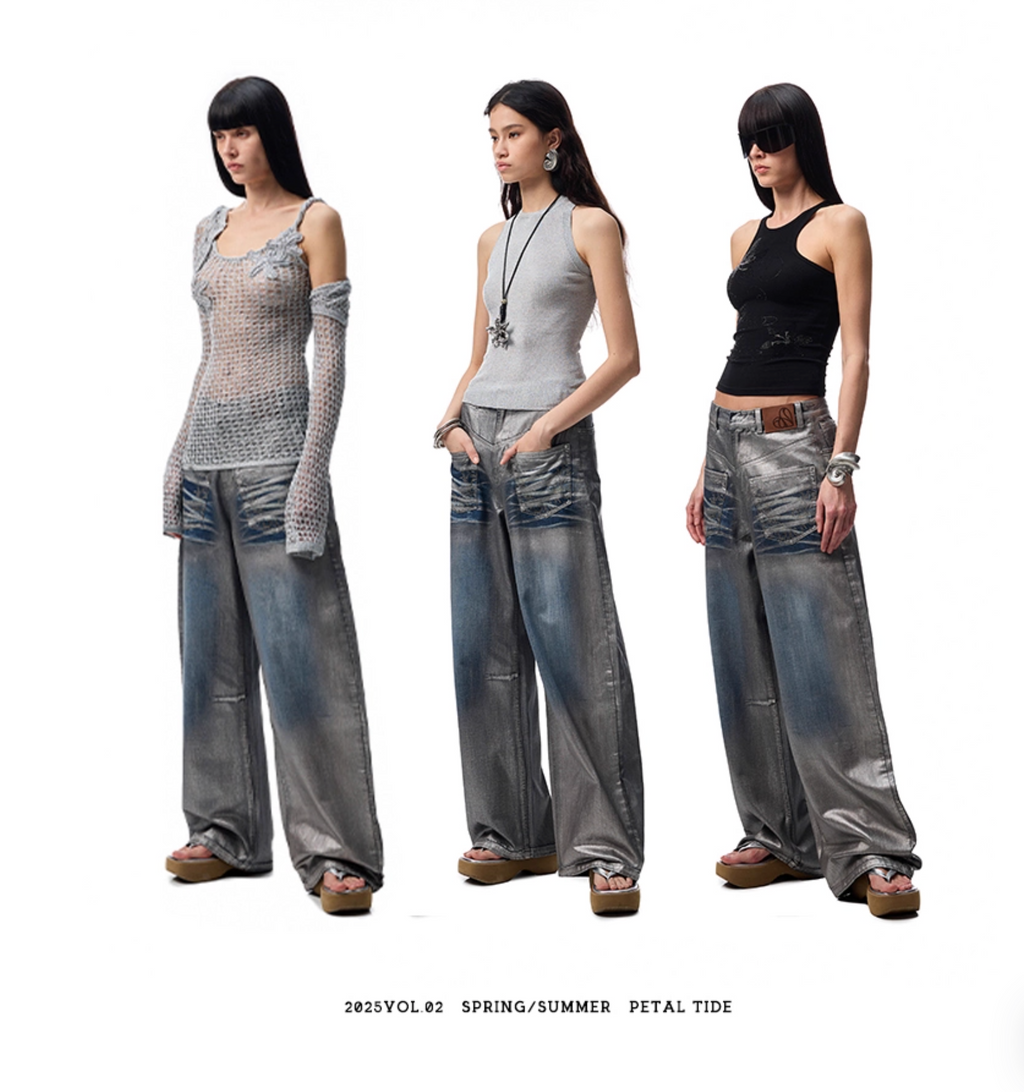 CHU METALLIC WASHED WIDE-LEG JEANS