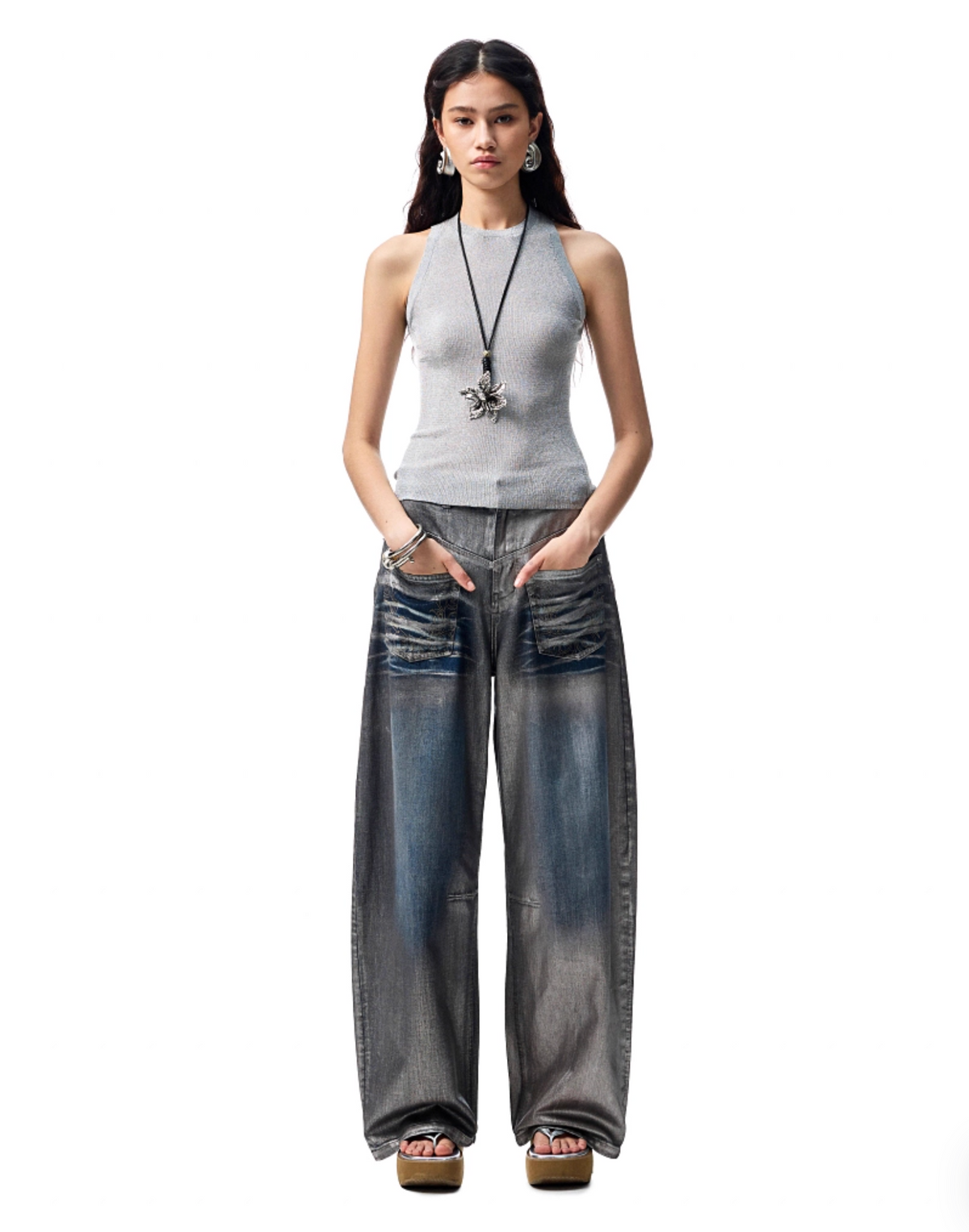 CHU METALLIC WASHED WIDE-LEG JEANS