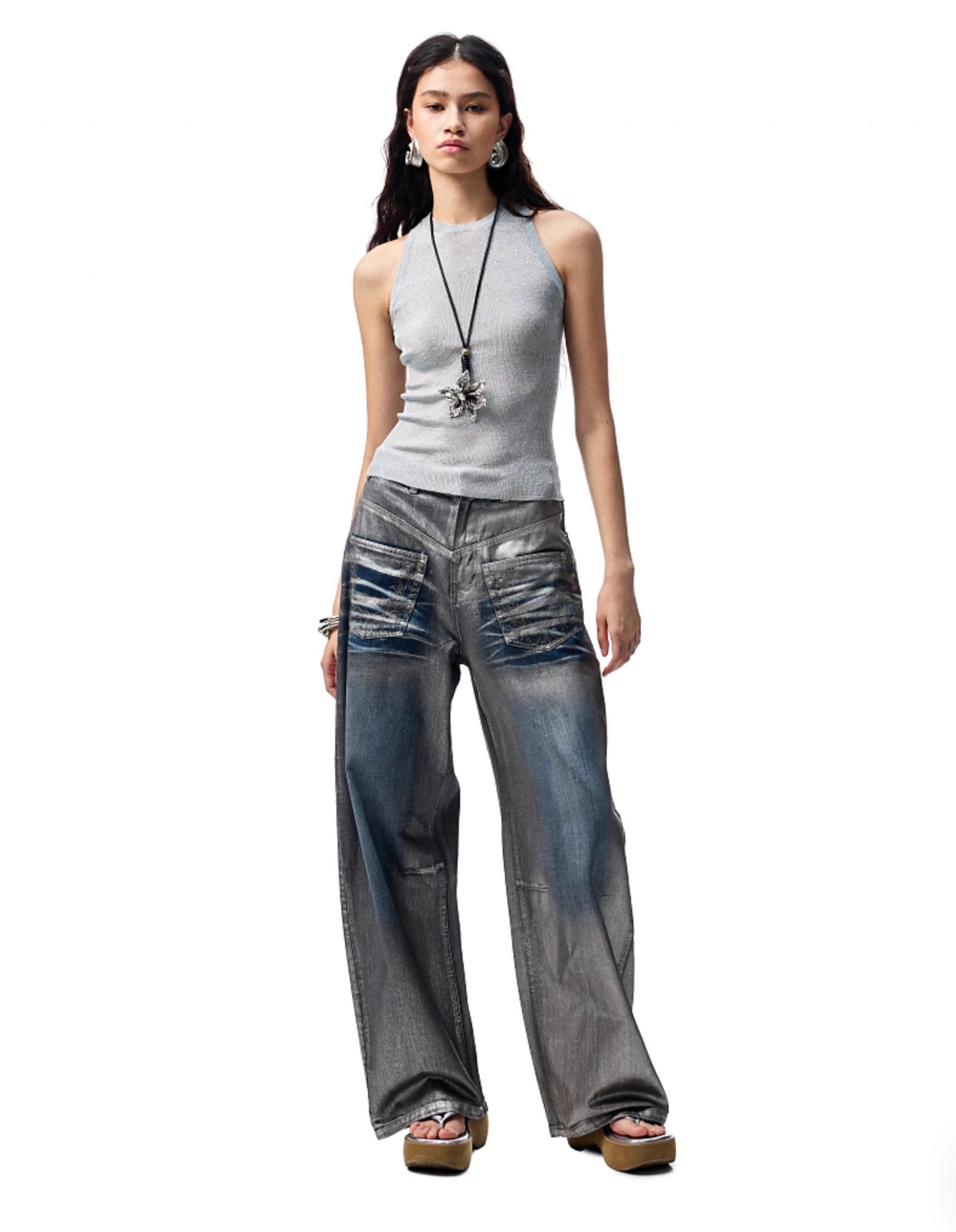 CHU METALLIC WASHED WIDE-LEG JEANS