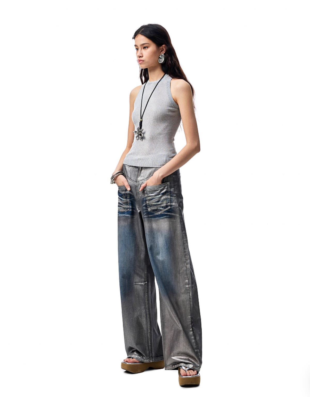 CHU METALLIC WASHED WIDE-LEG JEANS