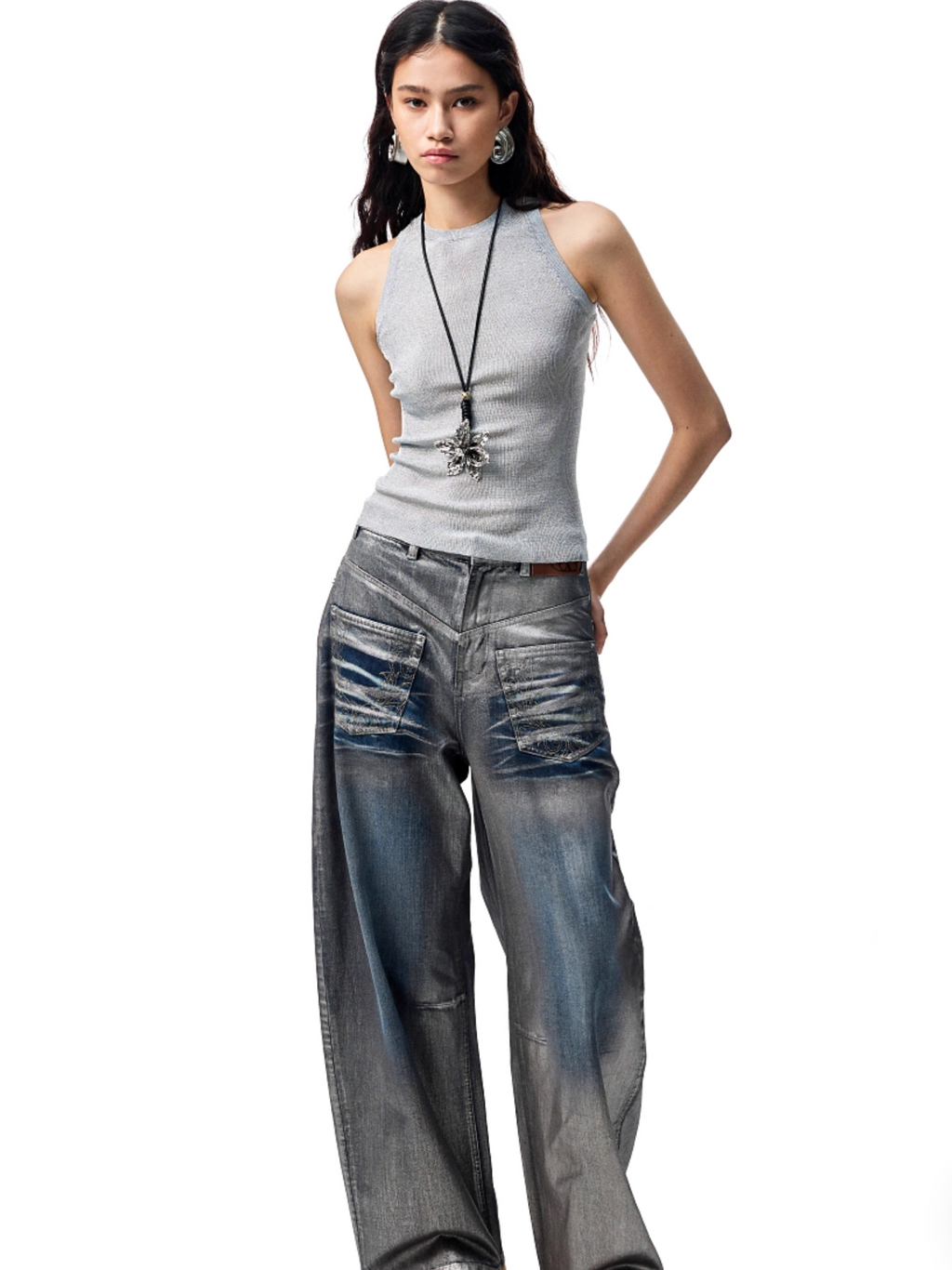 CHU METALLIC WASHED WIDE-LEG JEANS