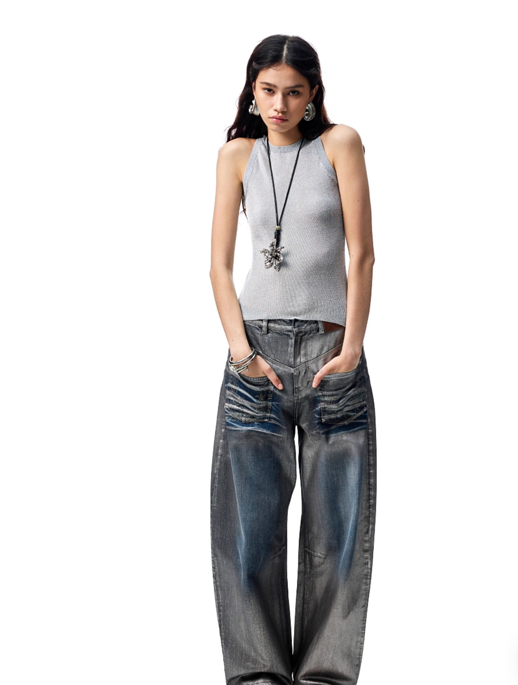 CHU METALLIC WASHED WIDE-LEG JEANS