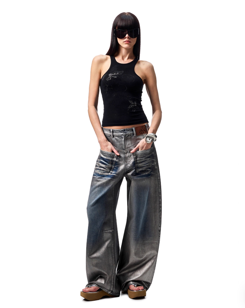 CHU METALLIC WASHED WIDE-LEG JEANS