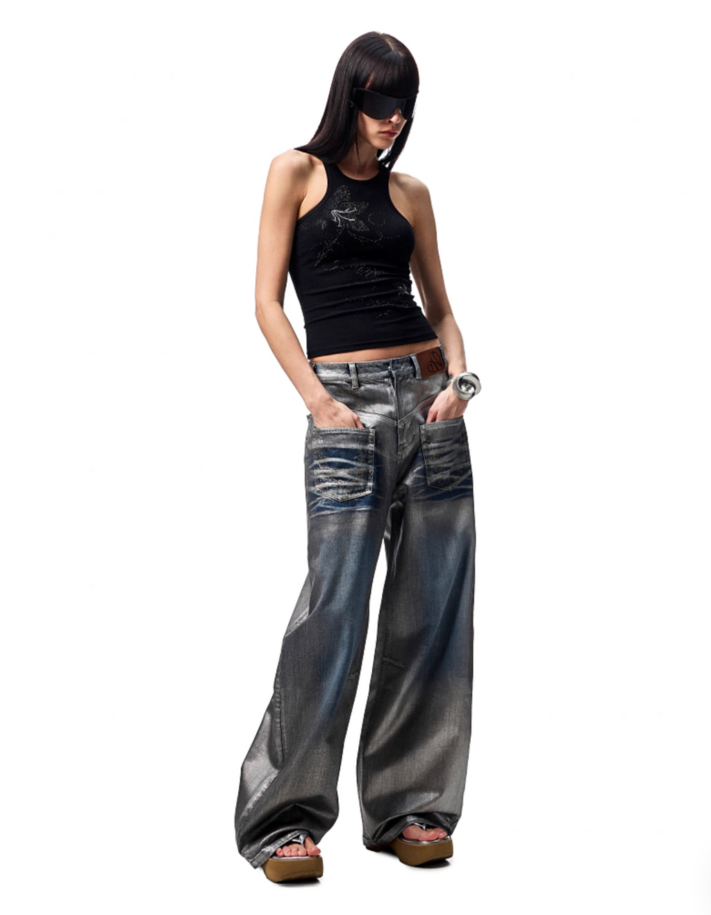 CHU METALLIC WASHED WIDE-LEG JEANS