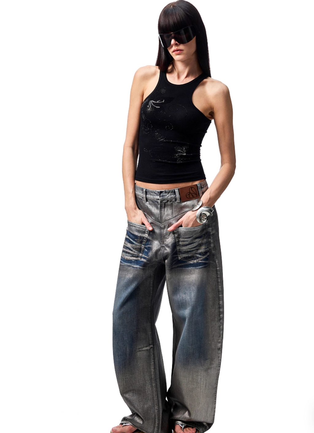 CHU METALLIC WASHED WIDE-LEG JEANS