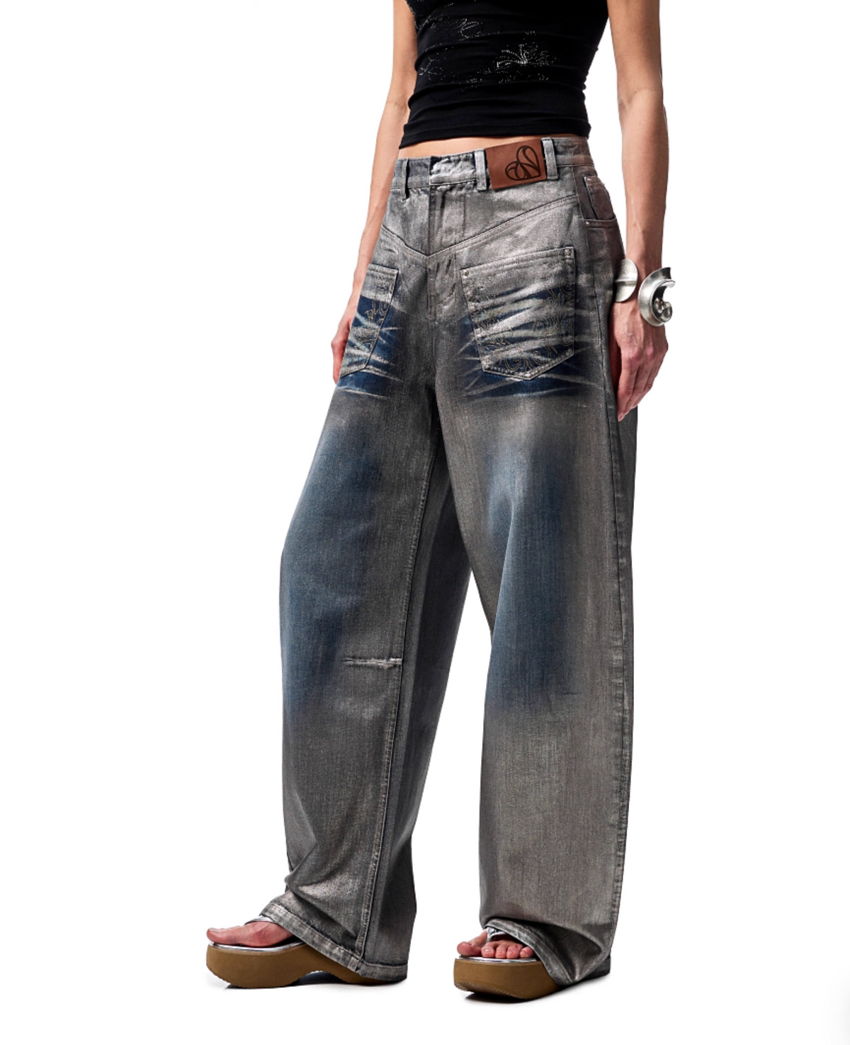 CHU METALLIC WASHED WIDE-LEG JEANS