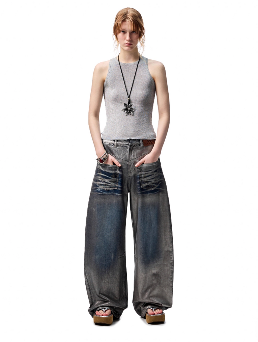CHU METALLIC WASHED WIDE-LEG JEANS