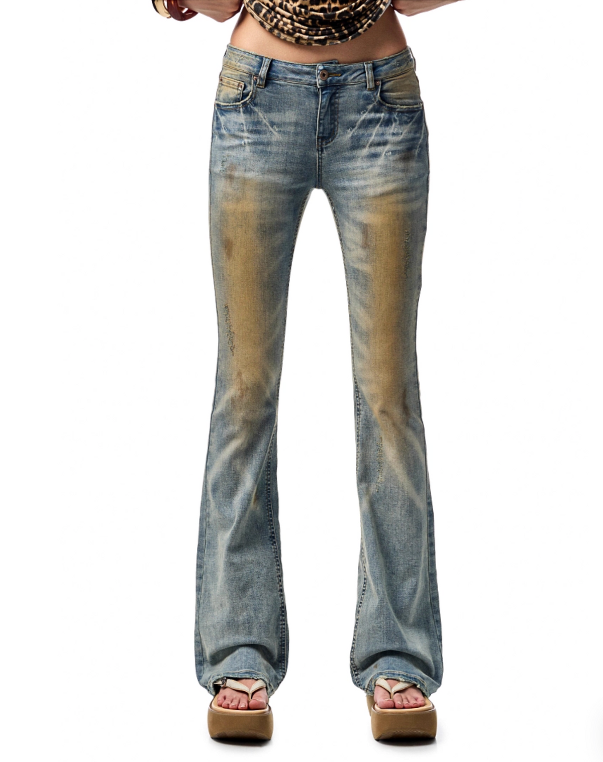 MUD-DYED WASHED DENIM FLARED PANTS