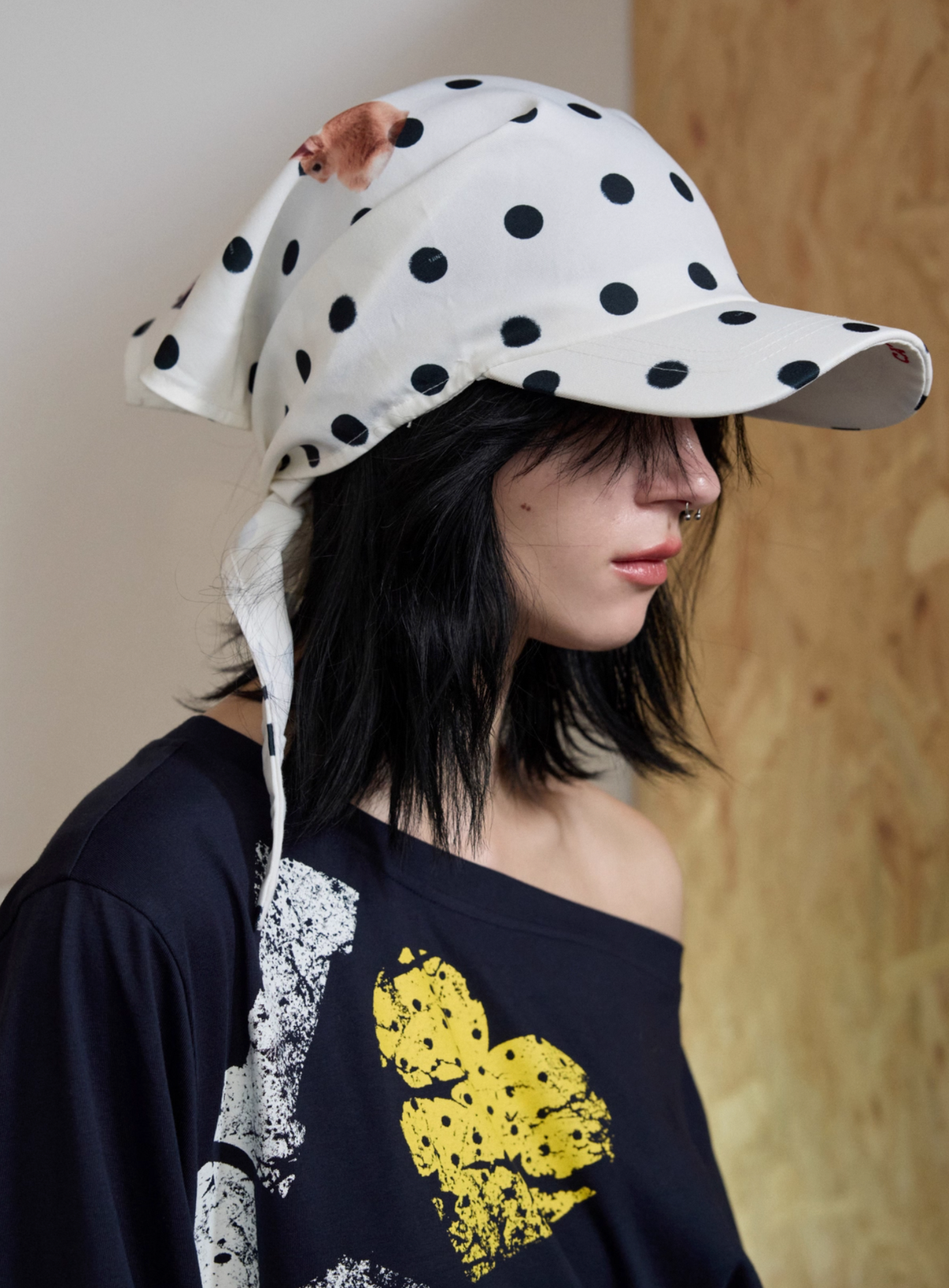 🇯🇵POLKA DOTホワイト×ブラック アニマルモチーフ ドット柄スカーフキャップ