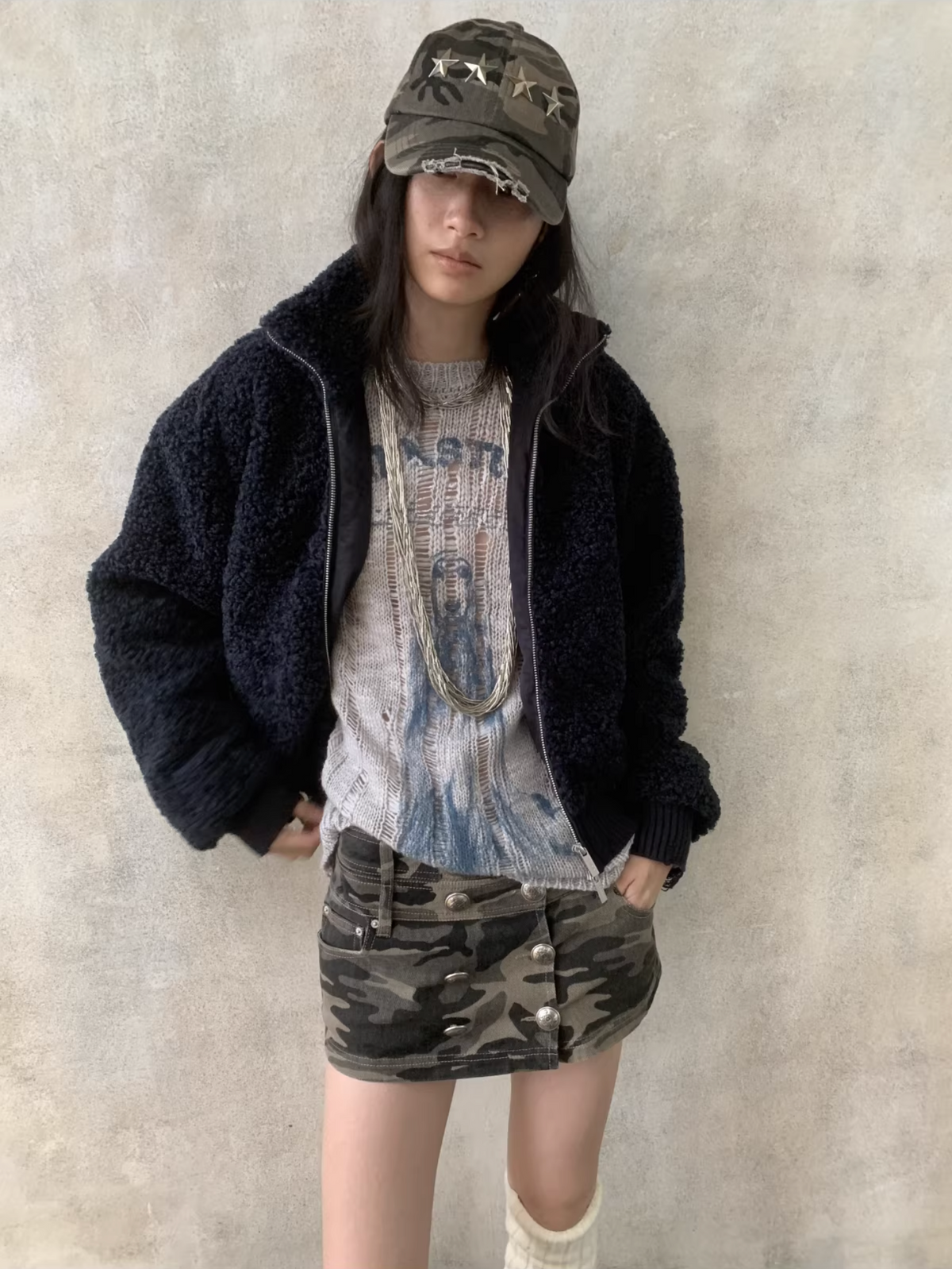 DISTRESSED STAR-STUDDED BASEBALL CAP – GRAY CAMOUFLAGE