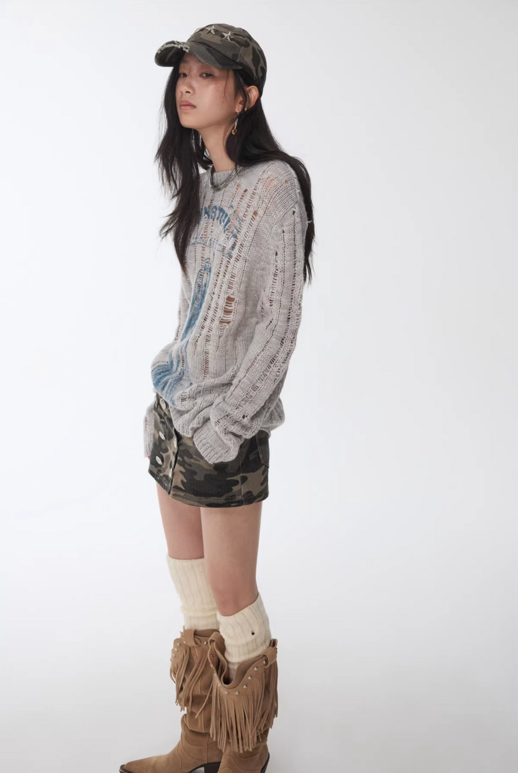 DISTRESSED STAR-STUDDED BASEBALL CAP – GRAY CAMOUFLAGE