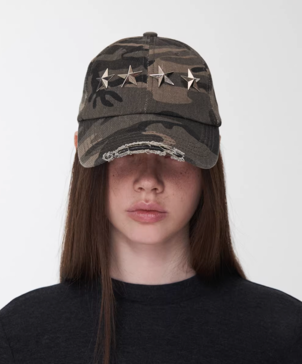 DISTRESSED STAR-STUDDED BASEBALL CAP – GRAY CAMOUFLAGE