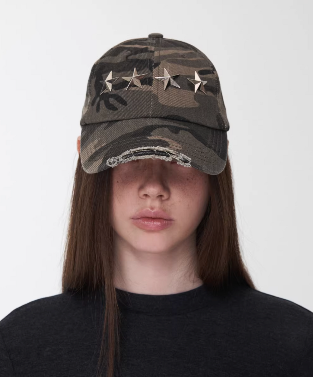 DISTRESSED STAR-STUDDED BASEBALL CAP – GRAY CAMOUFLAGE
