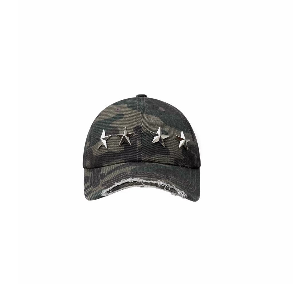 DISTRESSED STAR-STUDDED BASEBALL CAP – GREEN CAMOUFLAGE