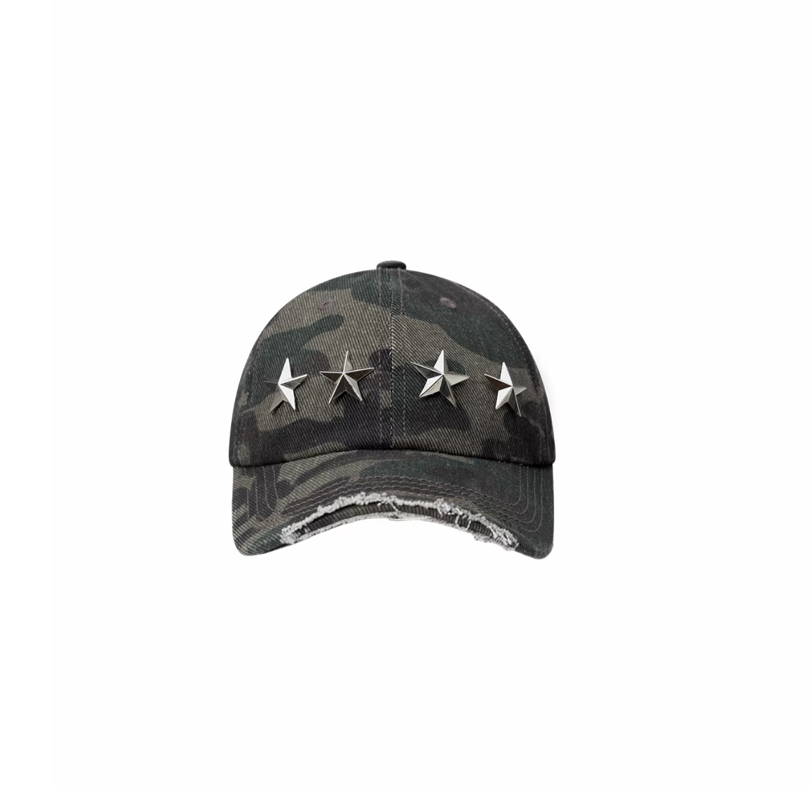 DISTRESSED STAR-STUDDED BASEBALL CAP – GREEN CAMOUFLAGE