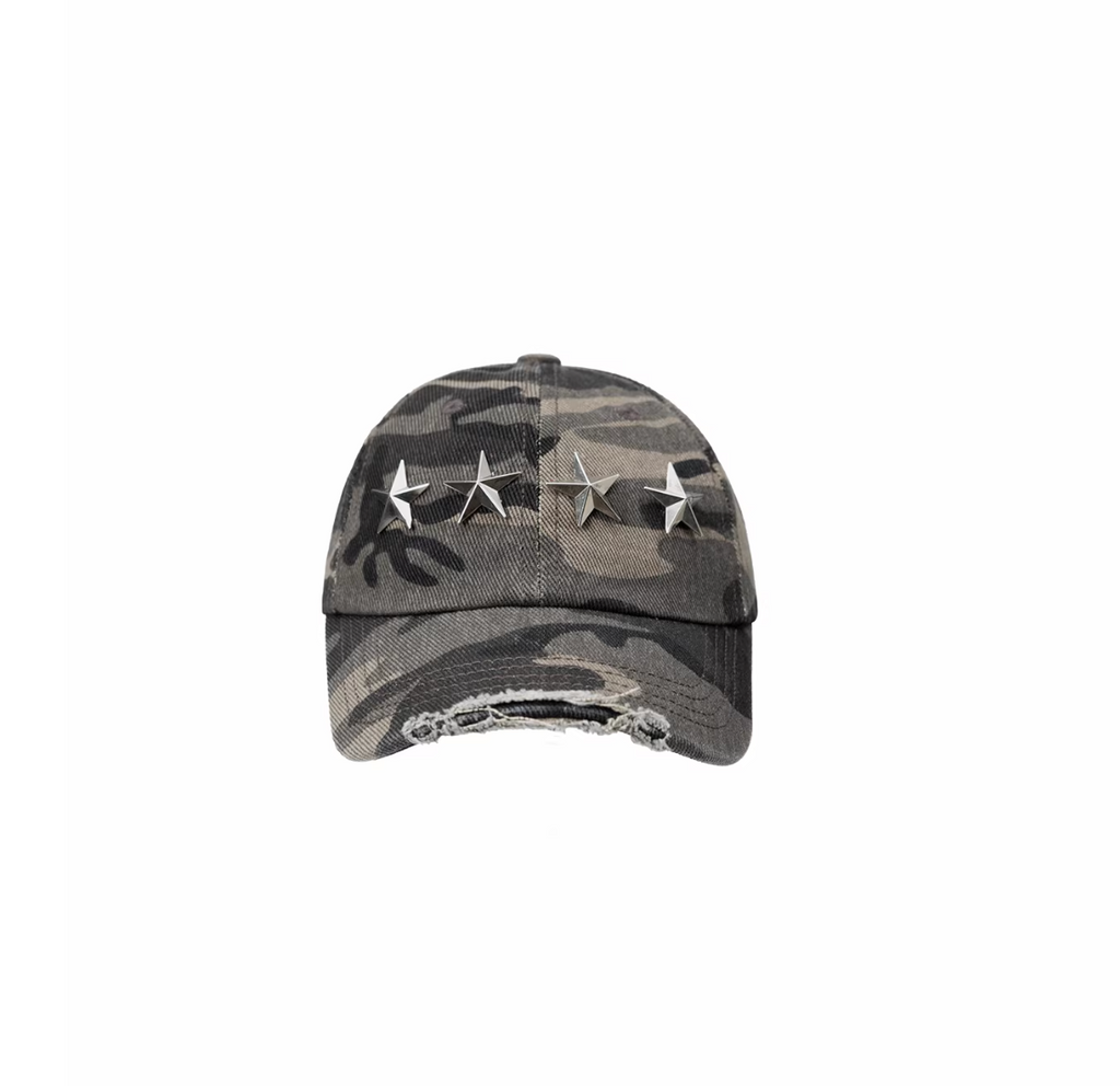 DISTRESSED STAR-STUDDED BASEBALL CAP – GRAY CAMOUFLAGE
