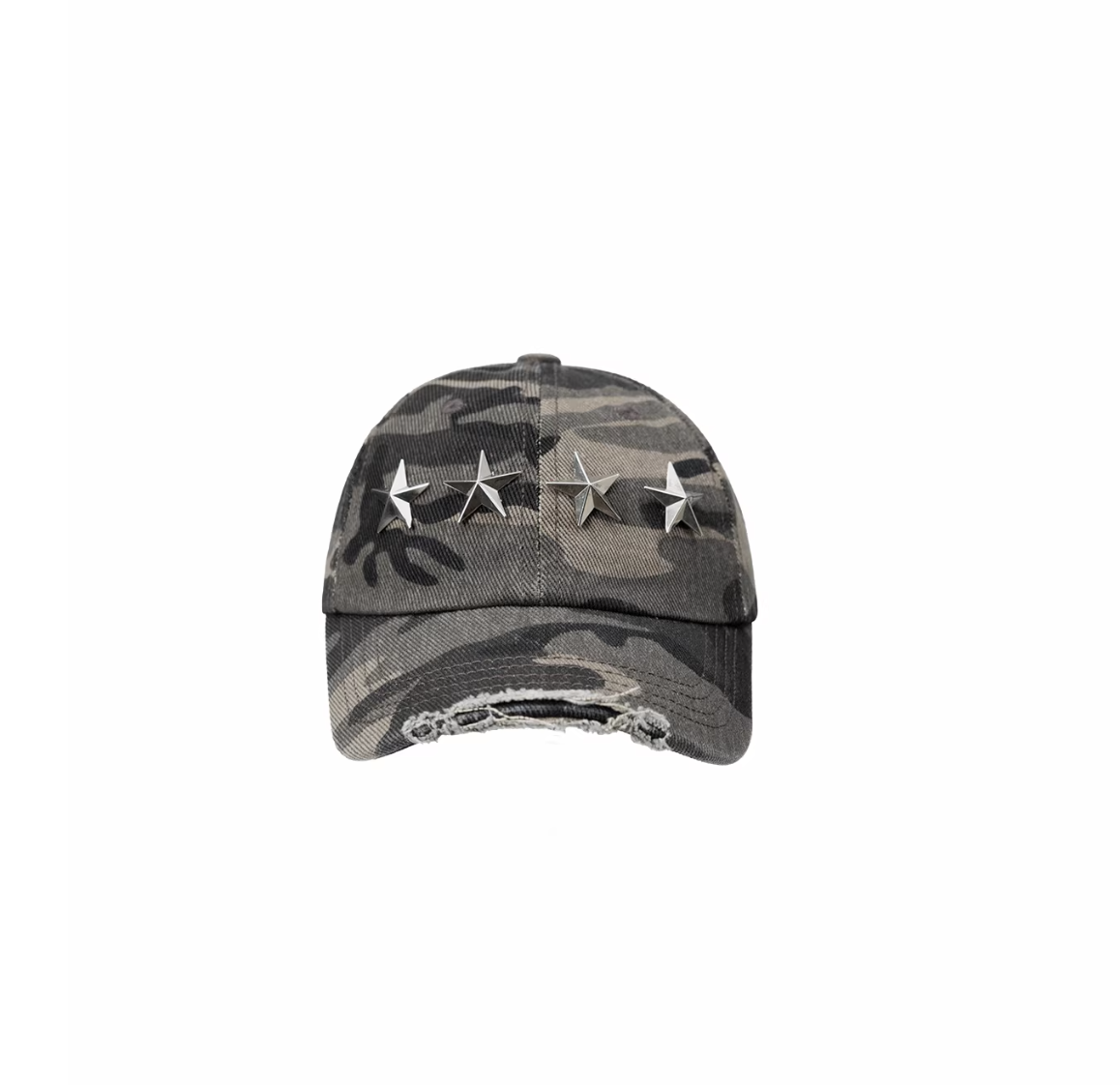 DISTRESSED STAR-STUDDED BASEBALL CAP – GRAY CAMOUFLAGE