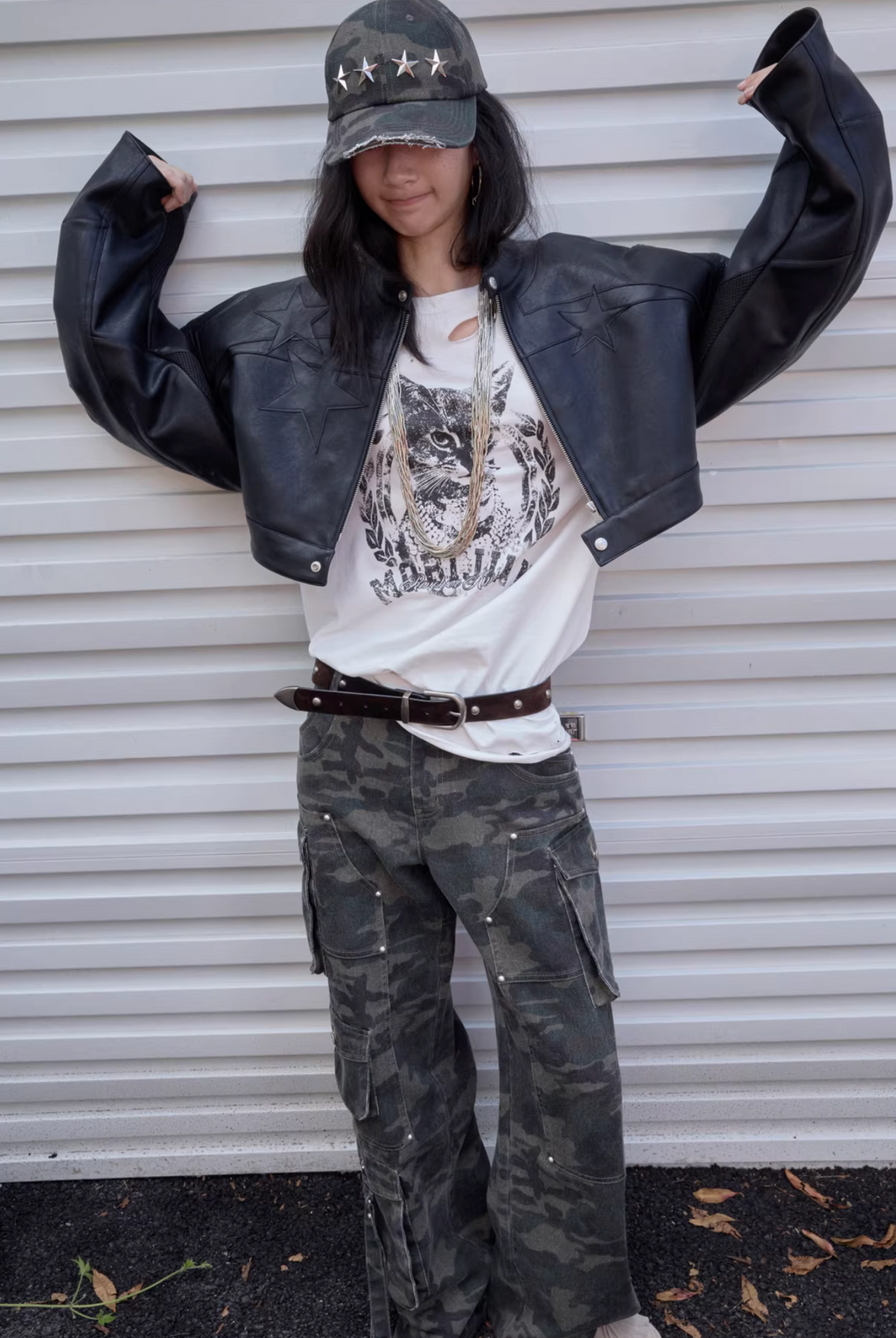 IN STOCK ♱ LETTER PRINT STRUCTURED CROPPED MOTO JACKET ♱
