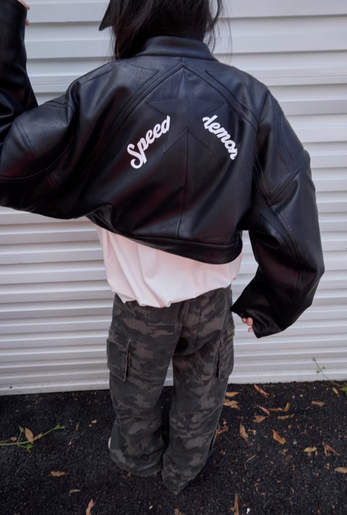 IN STOCK ♱ LETTER PRINT STRUCTURED CROPPED MOTO JACKET ♱