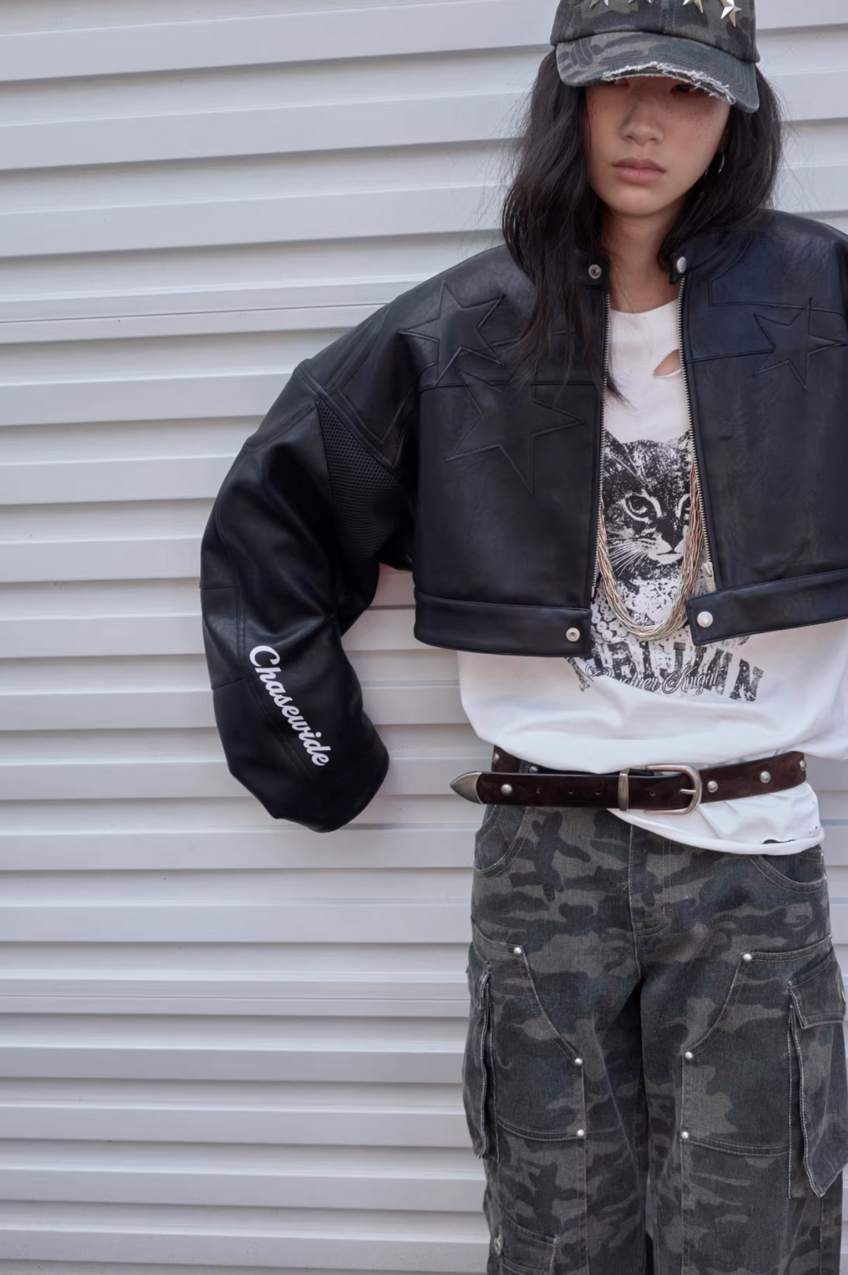 IN STOCK ♱ LETTER PRINT STRUCTURED CROPPED MOTO JACKET ♱