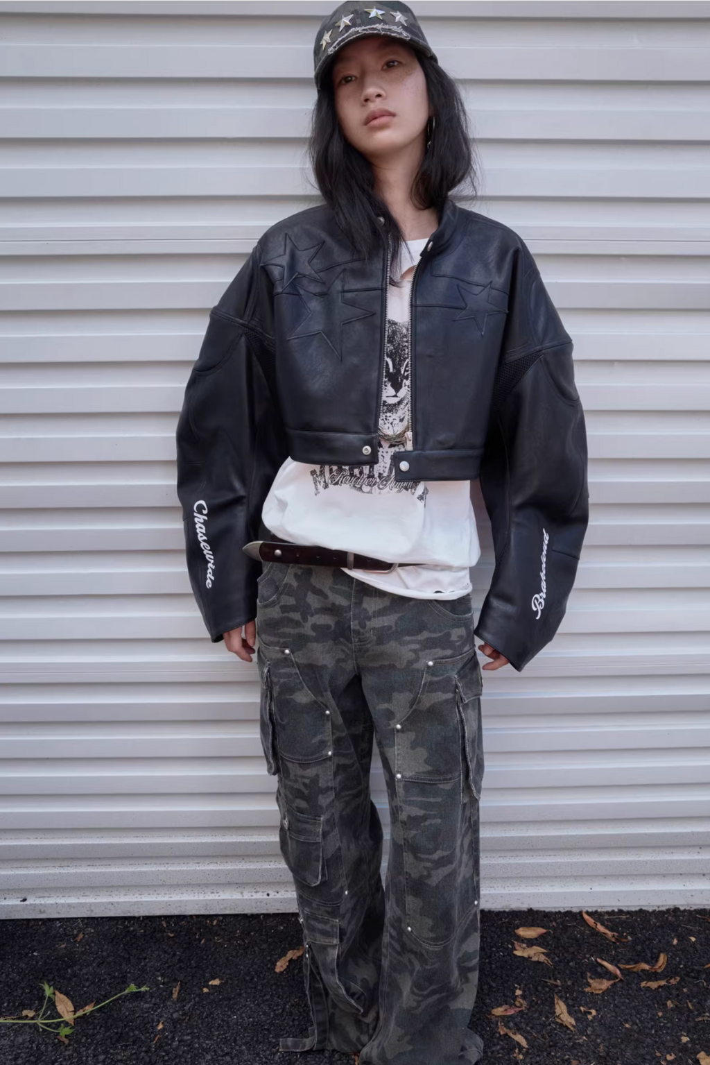 IN STOCK ♱ LETTER PRINT STRUCTURED CROPPED MOTO JACKET ♱