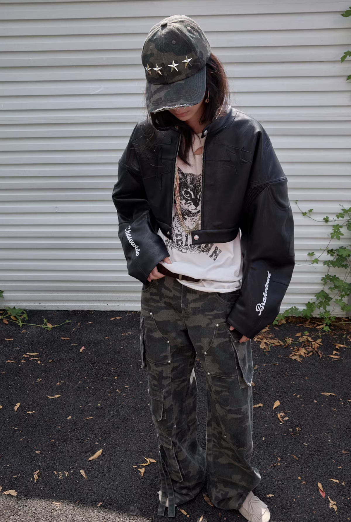 IN STOCK ♱ LETTER PRINT STRUCTURED CROPPED MOTO JACKET ♱