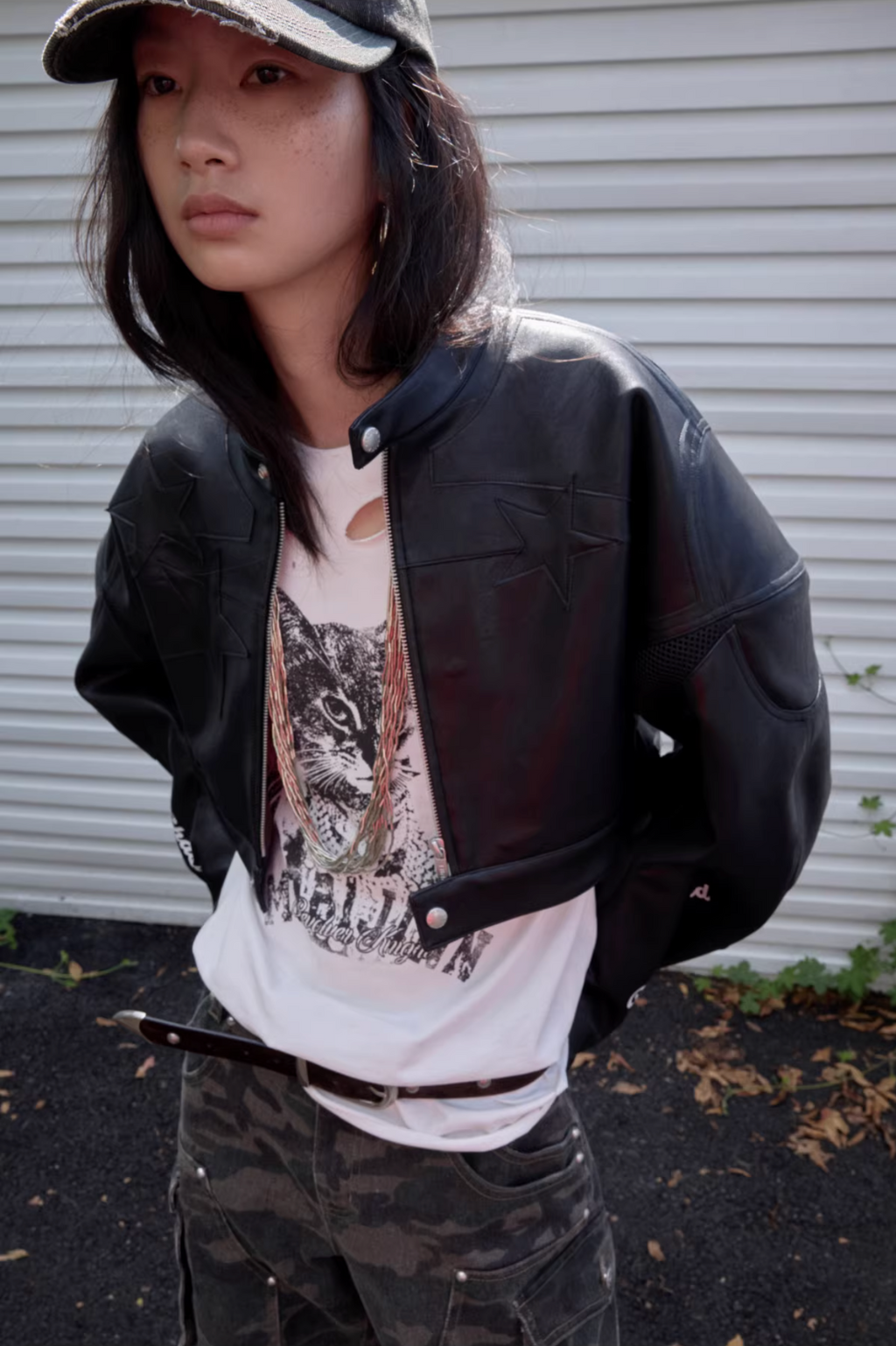 IN STOCK ♱ LETTER PRINT STRUCTURED CROPPED MOTO JACKET ♱