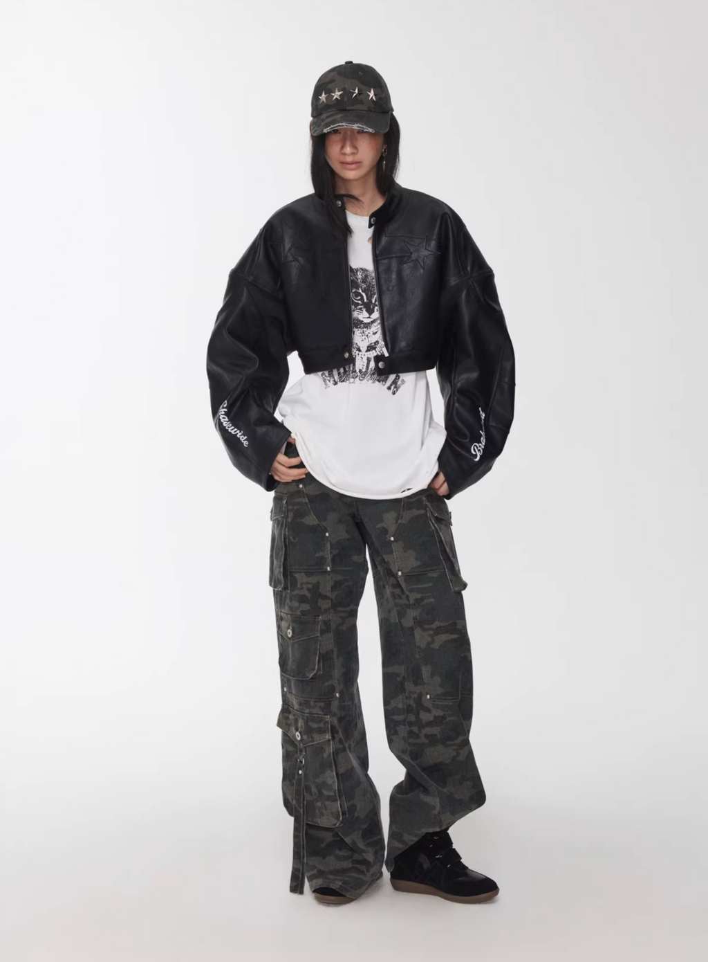 IN STOCK ♱ LETTER PRINT STRUCTURED CROPPED MOTO JACKET ♱