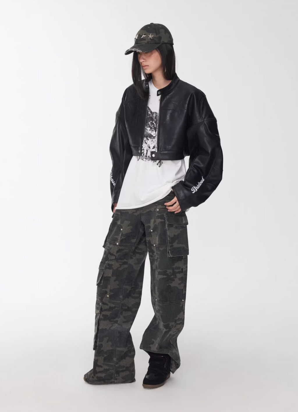IN STOCK ♱ LETTER PRINT STRUCTURED CROPPED MOTO JACKET ♱