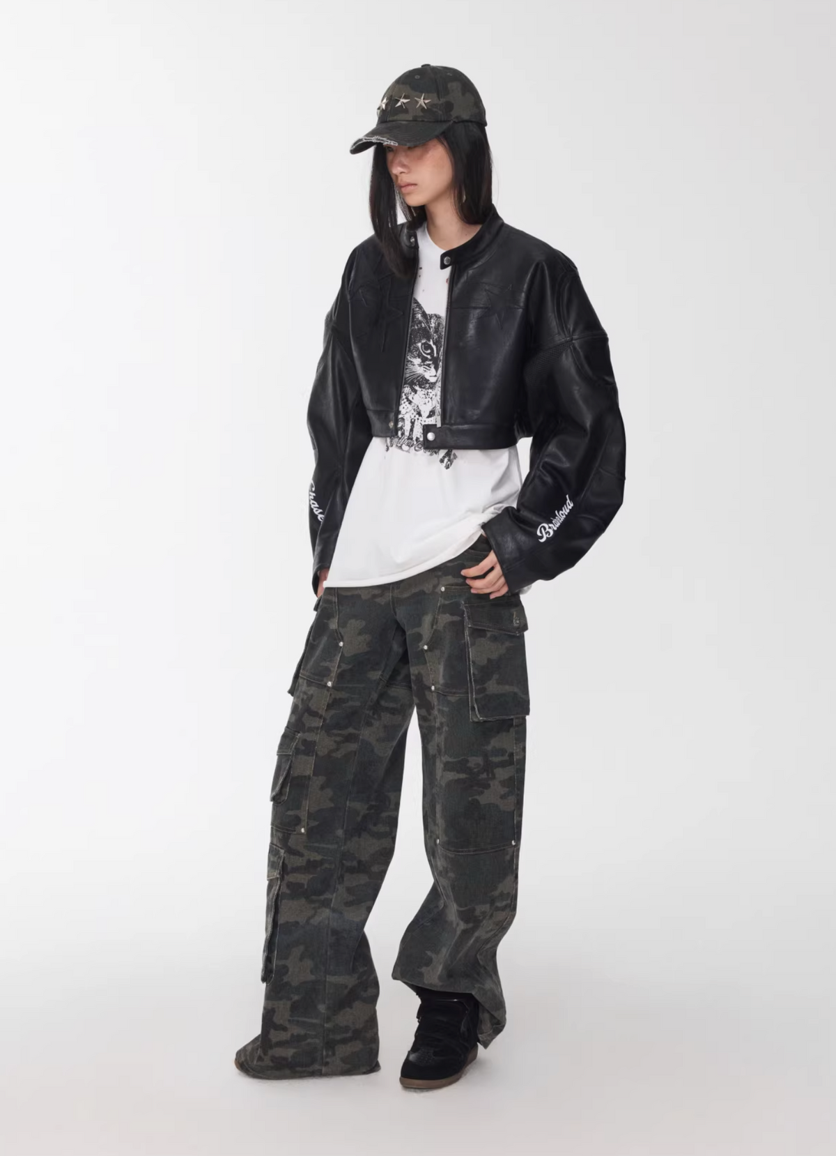 IN STOCK ♱ LETTER PRINT STRUCTURED CROPPED MOTO JACKET ♱